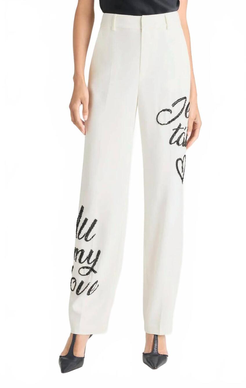 NEW CINQ A SEPT crushed sequin loveletter collins pants in white